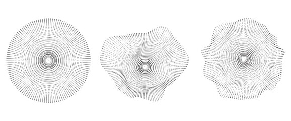 Poster - Radial dotted sphere shapes with particle array effect. Geometric circle elements formed with dynamic points and lines. Minimalistic black and white compositions, abstract irregular vector orb.