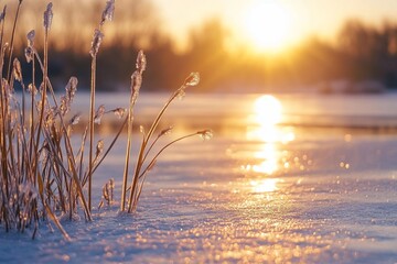 Wall Mural - frosty reeds in golden sunset over frozen lake.