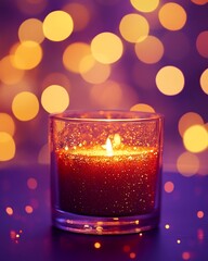 Wall Mural - Glittery candle in glass jar glows against a bokeh background.