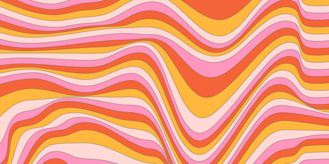 Poster - Psychedelic retro waves background - curved wavy stripes in warm gradient colors, flowing parallel lines forming optical illusion. Groovy abstract striped pattern 70s style print for poster design.