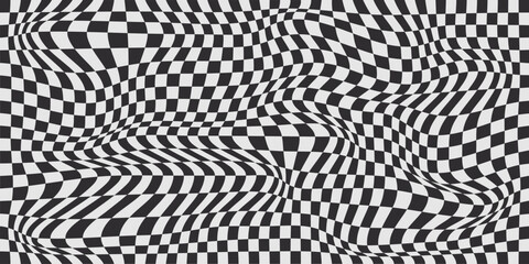 Poster - Optical illusion background with distorted checkered pattern - abstract black and white warped checker board, swirling twisted psychedelic wavy effect. Trippy hypnotic art, vector surreal texture.