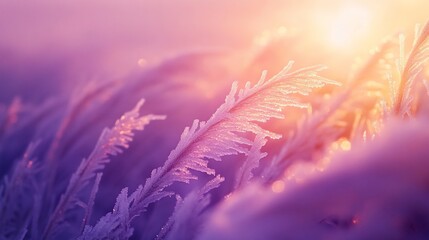 Wall Mural - frost-covered grass illuminated by a vibrant sunset.
