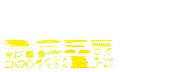 Poster - Highlight marker strokes set - hand drawn yellow thin and thick lines, circles, rectangles, underlines and checkmarks. Crayon, felt-tip pen grunge graphic elements for correction, emphasis, selection.
