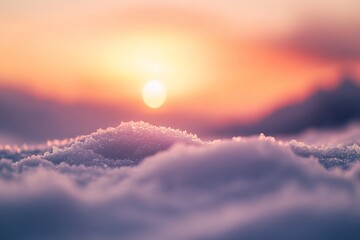 Wall Mural - sunset over snowy landscape, sun glowing behind snow drifts.