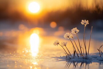 Wall Mural - frosty flowers at sunset reflected in icy water.