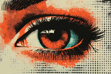 Poster - Retro halftone collage eye  for mixed media design. Open human eye in halftone texture, dotted pop art style.  illustration of vintage grunge punk crazy art templates