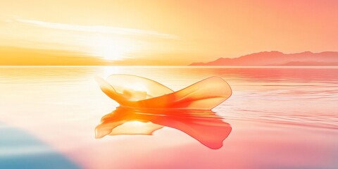 Wall Mural - abstract orange petal-like object floats on calm water at sunset.
