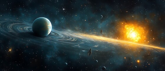 an artistic depiction shows a planet with cosmic dust and stellar flare
