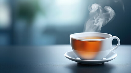 Aufkleber - steaming cup of tea sits elegantly on saucer, with steam rising gracefully from hot beverage. porcelain design adds touch of sophistication to serene setting
