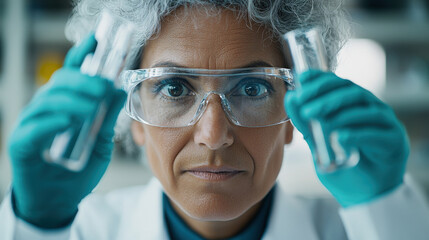 Aufkleber - scientist wearing safety goggles and gloves examines test tubes in laboratory setting, showcasing focus and precision. background is blurred, emphasizing scientist concentration