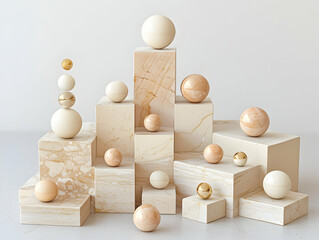 Poster - Balanced Cream and Gold Spheres on Beige Marble Cubes