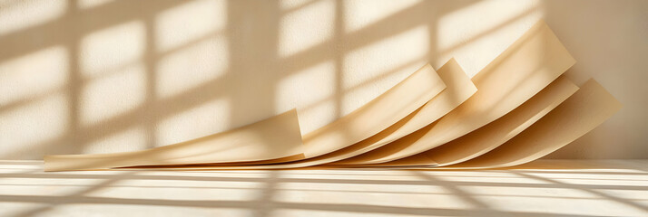 Poster - Beige Paper Sheets Arranged on a Surface with Sunlight Shadows