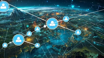 Poster - Global Networking Visualization with User Icons Connecting over a Futuristic Earth