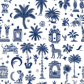 seamless pattern of blue and white Mexican motifs
