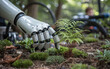 © vian - Robotic arm gently interacts with a fern seedling in a lush environment, symbolizing the convergence of technology and nature towards a sustainable future, with environmental awareness
