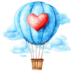 Wall Mural - Soaring Heart: An artistic portrayal of a hot air balloon carrying a red heart through a sea of fluffy clouds, symbolizing love, adventure, and the journey of life.