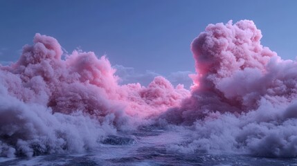 Poster - Pink fluffy cloudscape over a reflective water surface under a blue sky. The scene is rendered with soft lighting and a dreamy atmospheric effect
