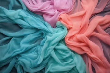 Leinwandbilder - Overhead view of a circular arrangement featuring sections of sheer fabrics in teal pink and coral colors with textured backdrop. The textile pattern shows intricate details