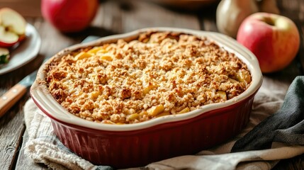 Poster - apple crumble being served from a baking dish at a cozy kitchen counter. 