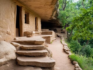 Poster - Exterior of ancient sandstone structure with steps leading to a pathway alongside lush green foliage under a natural rock overhang featuring natural light