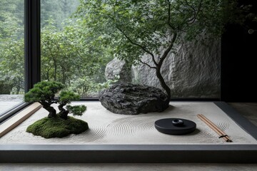 Poster - Zen garden interior with sand small trees and rock features against a blurred background evoking tranquility and natural serenity