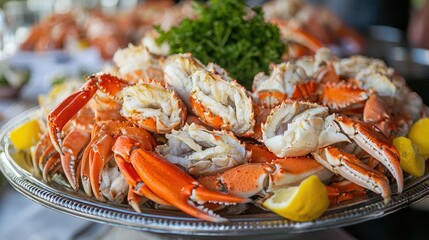 Poster - Crab claws arranged on a platter as part of a seafood boil presentation. 