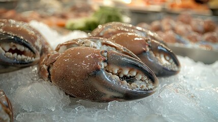 Poster - Crab claws on ice at a seafood market with other fresh catches in view. 