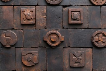 Poster - Close up view of an abstract wall art made of textured dark brown brick blocks with embedded rusty metal figures in various square and circular shapes