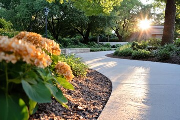 Aufkleber - Stone pathway curves through lush garden illuminated by golden sunlight trees and flowerbeds create tranquil environment