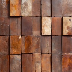 Leinwandbilder - Close up shot of a wall texture made of weathered rectangular bricks arranged in a grid pattern in shades of brown and orange. The surface shows rust and aging