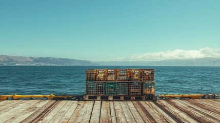 Poster - Crab pots stacked on a pier, ready for deployment on a bright, sunny day 