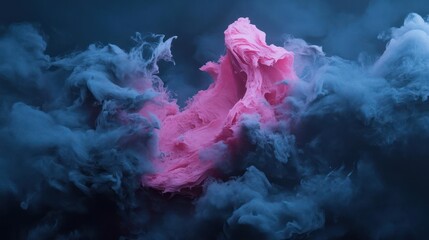 Poster - Abstract fluid dynamic 3D rendering showcasing pink structure erupting amidst ethereal blue particles in a dark background
