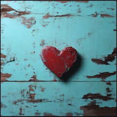Leinwandbilder - A rustic red heart on weathered turquoise wood creating a vintage texture. Perfect for love and affection concepts
