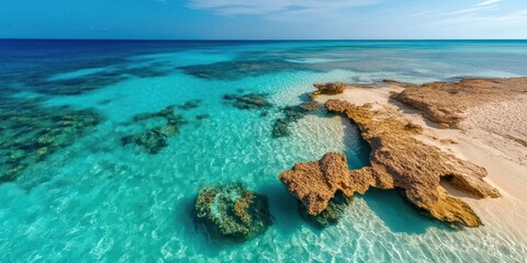 Aufkleber - Aerial view of a vibrant turquoise ocean meets a sandy beach with textured rock formations under a clear blue sky perfect for relaxation