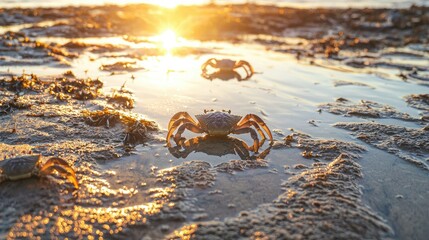 Poster - Crabs moving across wet sand with a setting sun reflecting off tidal pools. 