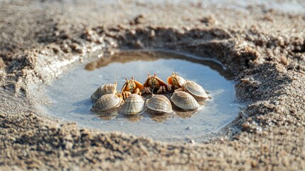 Poster - Hermit crabs gathered around a small puddle in a sandy environment 