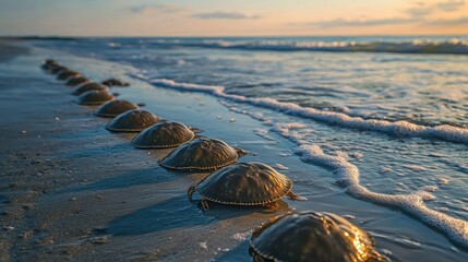 Poster - Horseshoe crabs on a quiet beach at dusk, near shallow waves. 