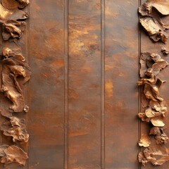 Poster - Detailed view of weathered metal panel featuring vertical lines with textured organic bronze accents on either side.  Rich rust color and intricate surface patterns are visible