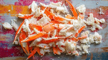 Poster - Imitation crab pieces on a colorful cutting board, ready for use in recipes 