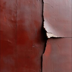 Poster - Close up detail of weathered cracked red wall. The surface texture reveals age and damage with broken segments and a central fissure. The lighting creates shadows and highlights