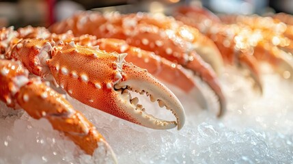 Poster - King crab claws prominently displayed on ice at a seafood market. 