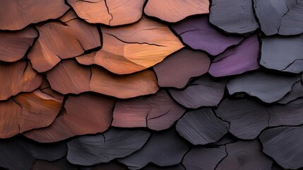 Leinwandbilder - Close-up view of an abstract textured wooden pattern. The image showcases a detailed arrangement of irregular shapes with color gradients. The surface presents a mix of warm and cool tones