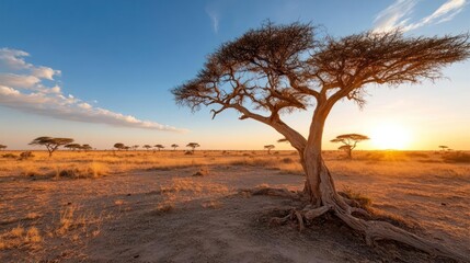 Aufkleber - A solitary tree stands in a vast savanna under a warm sunset sky with other trees in the background