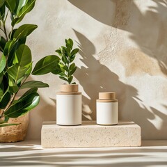 Fototapete - Two white ceramic vases with wooden lids on a stone stand with sunlight shadow casting. Plant leaves and green foliage, against a textured background