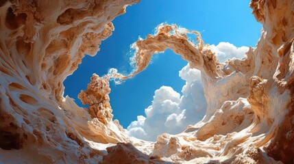 Aufkleber - Abstract textured sandstone formation against bright blue sky with fluffy clouds creating a natural archway perspective.  Warm colors and a unique geological landscape