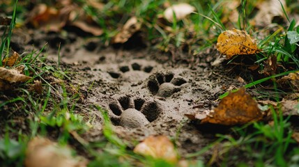 Poster - rabbit paw prints in fresh dirt, surrounded by grass and leaves. 