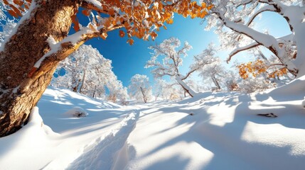 Aufkleber - Snow covered forest landscape with snow on tree branches and sunlight shining through the branches. Winter scene with blue sky and natural light. Beautiful winter landscape with snow covered trees