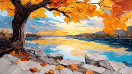Aufkleber - Autumn landscape painting depicting a tree with vibrant orange and yellow foliage overlooking a calm lake with mountain backdrop at sunset