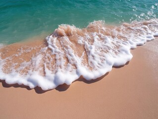Poster - Close up of ocean waves crashing on pink sand beach turquoise water sunlight reflection. Summer vacation at seaside background. Top view perspective