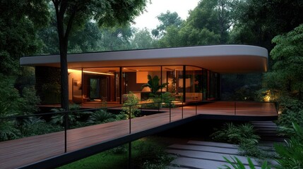 Aufkleber - Modern single story house with glass walls integrated into a lush green forest. Wooden pathway leads to the entrance, soft interior lighting